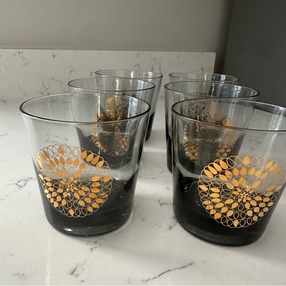 Set of 6 Vintage Smoke Gray Rocks Glasses/Gold Pattern MCM Tumblers